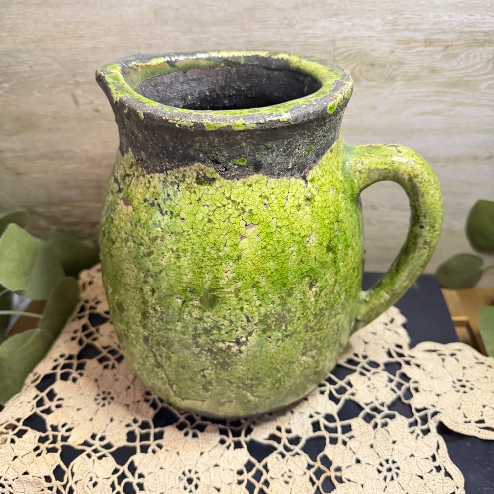 Rustic Green Crackle Glaze Pottery Pitcher Distressed Primitive Farmhouse Jug